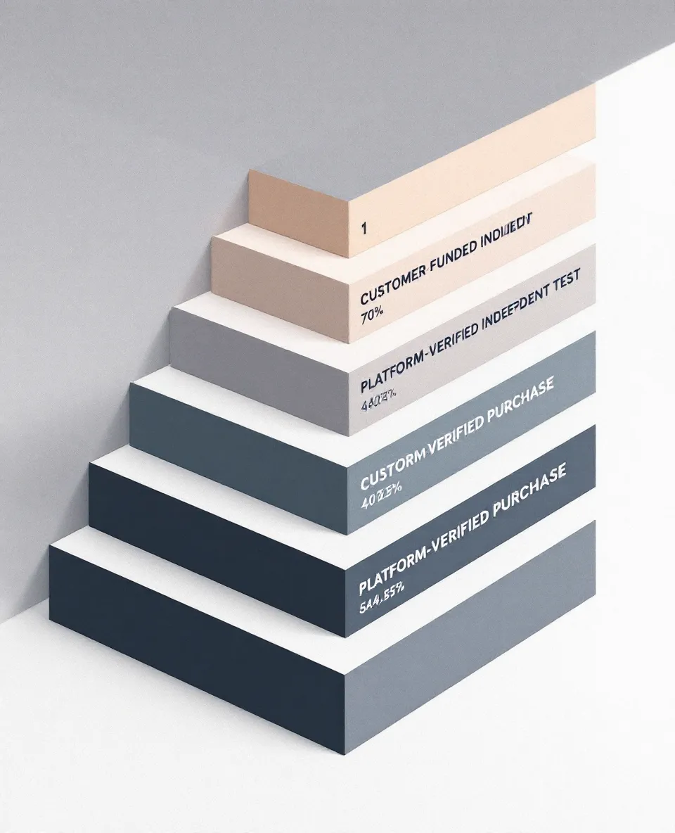 Editorial verification-pyramid diagram ranking five categories of customer-review evidence by descending verification weight
